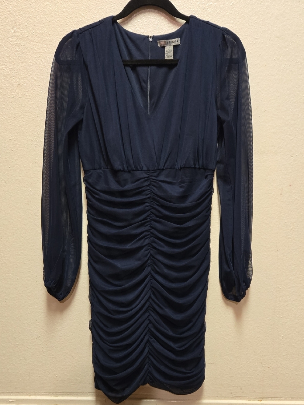 Love x Design Ruched Bodycon Dress Sheer Sleeve V Neck, Navy, Size S